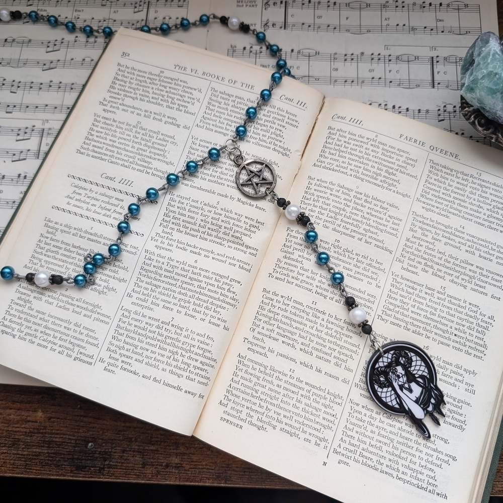 Beaded Blue Rosary Necklace with Pentacle and Hornded Goddess Charm
